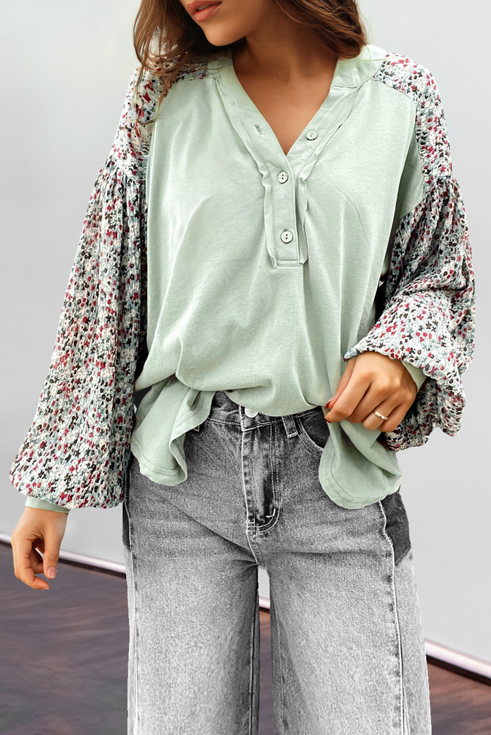 Meadow Mist Green Contrast Printed Bubble Sleeve Henley Loose Top with Slits-Tops/Long Sleeve Tops-[Adult]-[Female]-2022 Online Blue Zone Planet