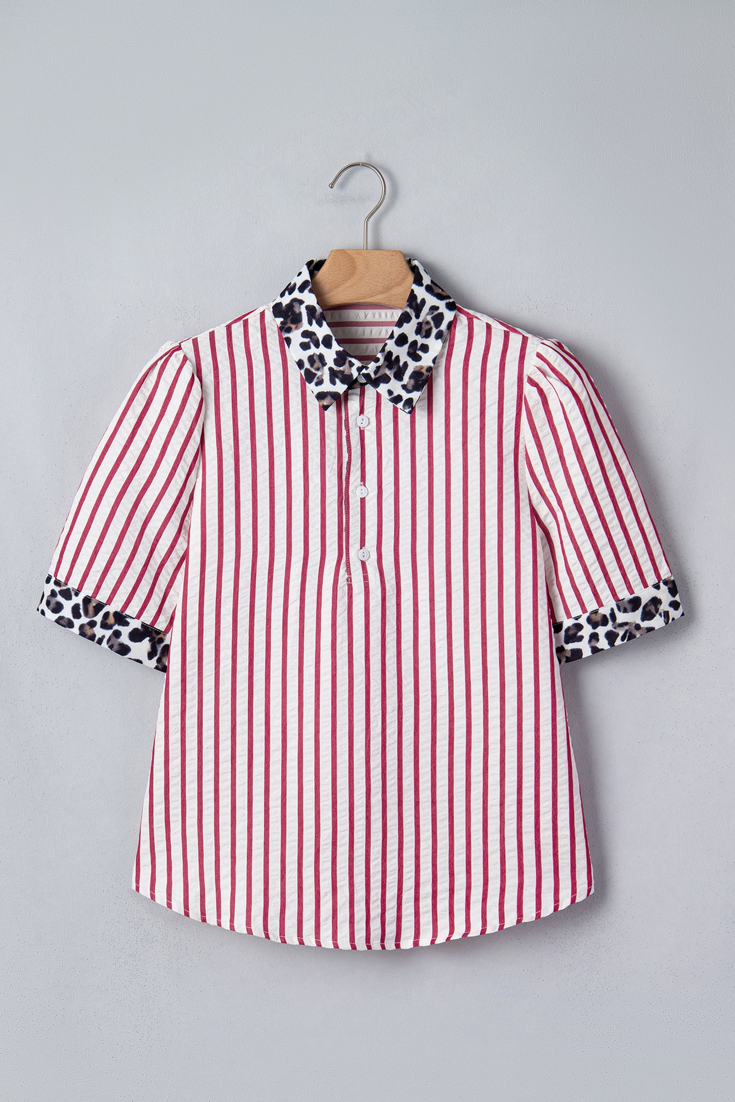 Red Stripe Leopard Contrast Trim Half Button Blouse-Tops/Blouses & Shirts-[Adult]-[Female]-2022 Online Blue Zone Planet