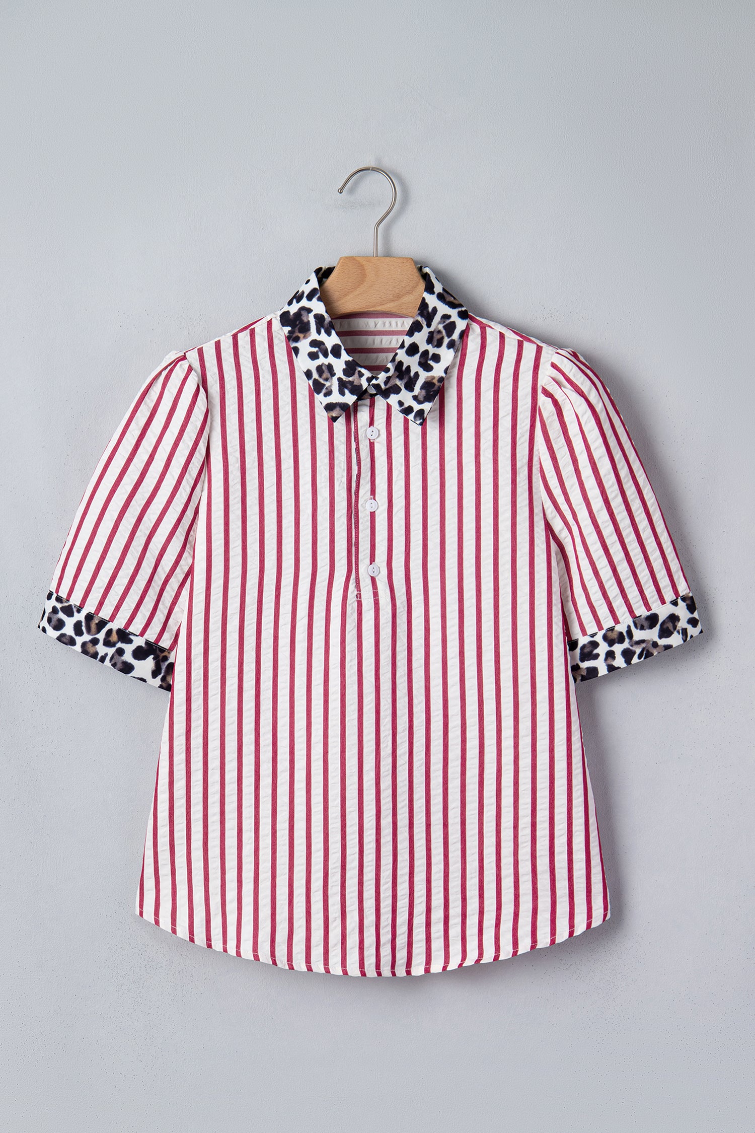 Red Stripe Leopard Contrast Trim Half Button Blouse-Tops/Blouses & Shirts-[Adult]-[Female]-2022 Online Blue Zone Planet