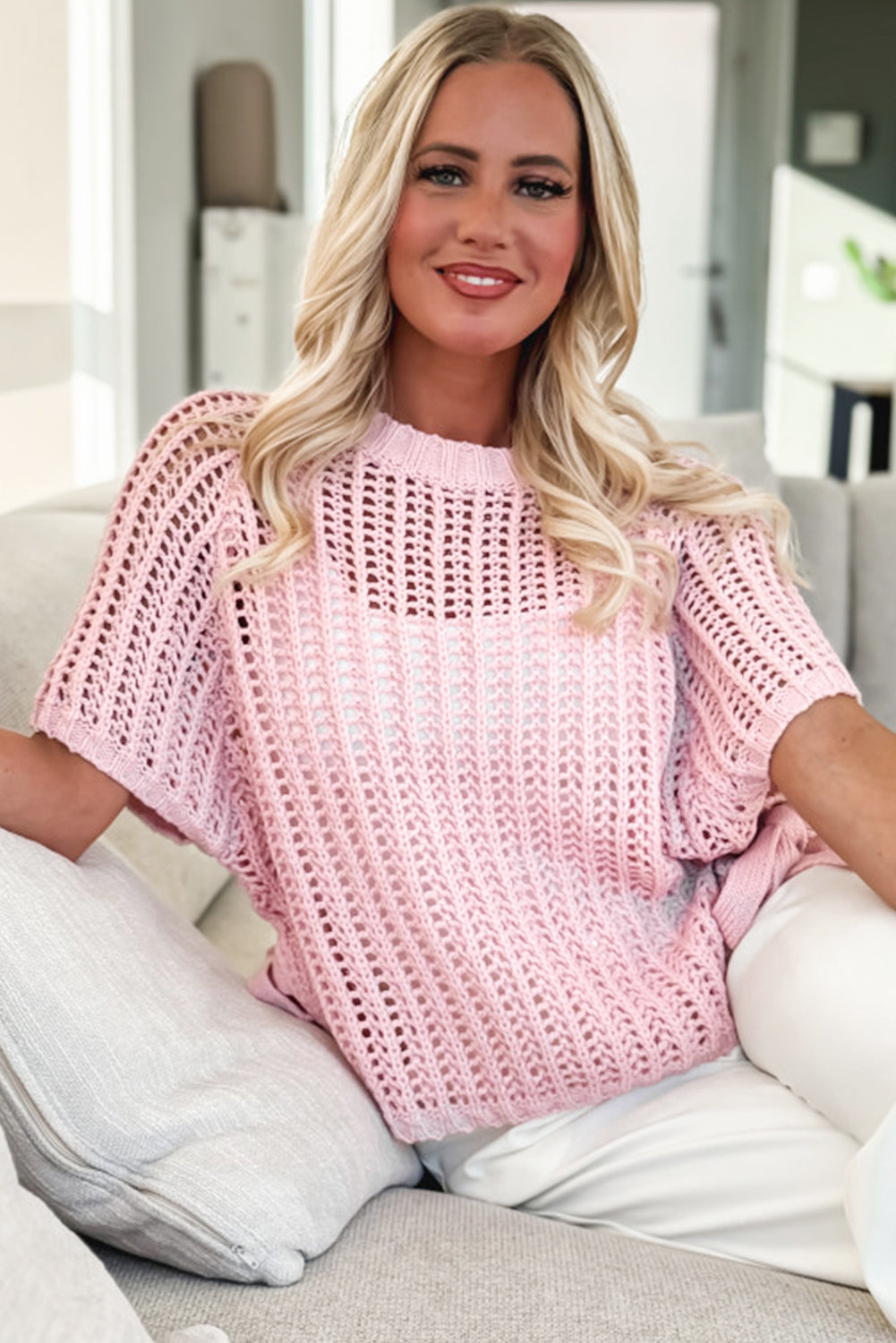 Pink Hollow-out Crochet Side Tied Short Sleeve Sweater-Sweaters & Cardigans/Short Sleeve Sweaters-[Adult]-[Female]-2022 Online Blue Zone Planet