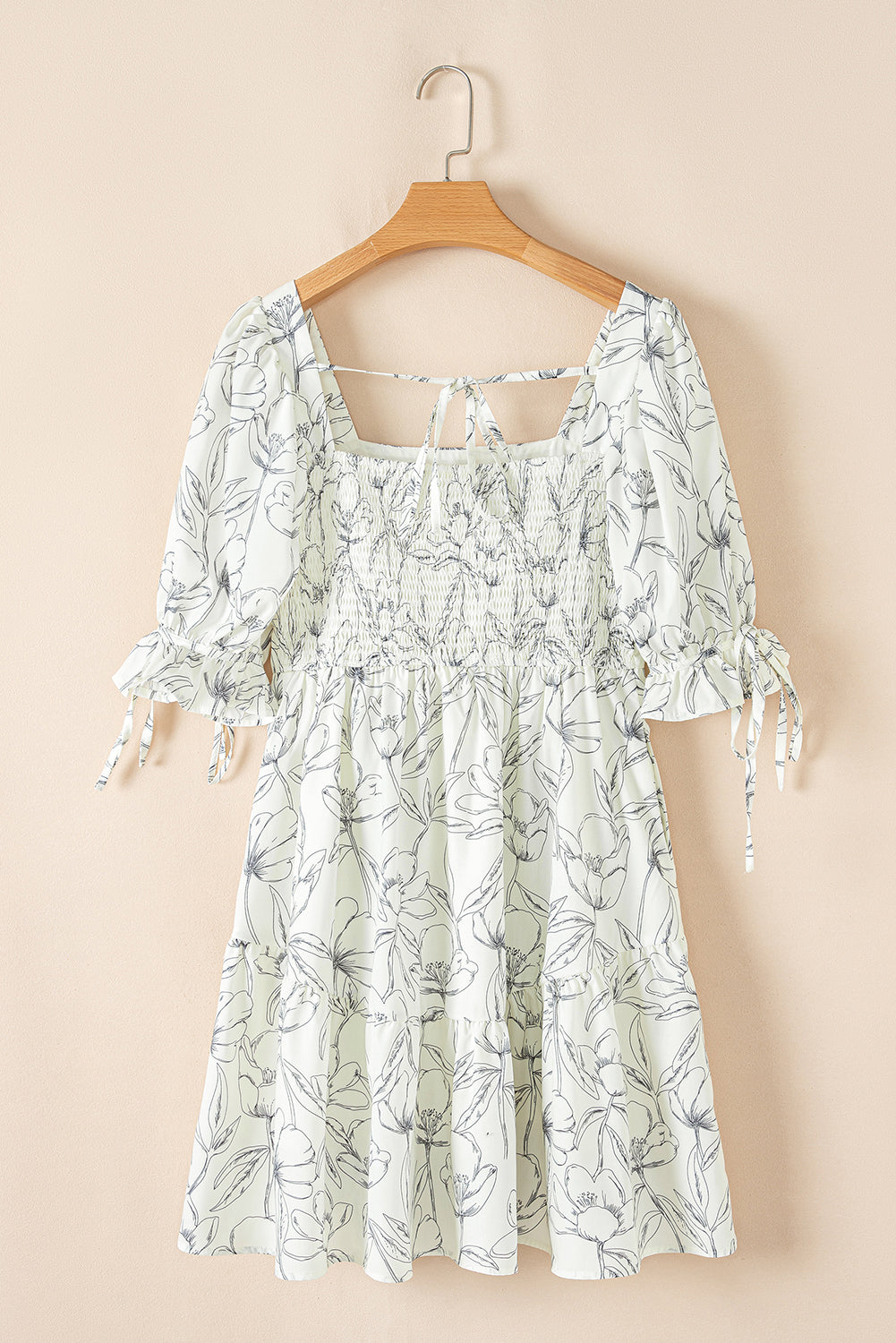 Beige Floral Print Square Neck Shirred Back Puff Sleeve Mini Dress-TOPS / DRESSES-[Adult]-[Female]-2022 Online Blue Zone Planet