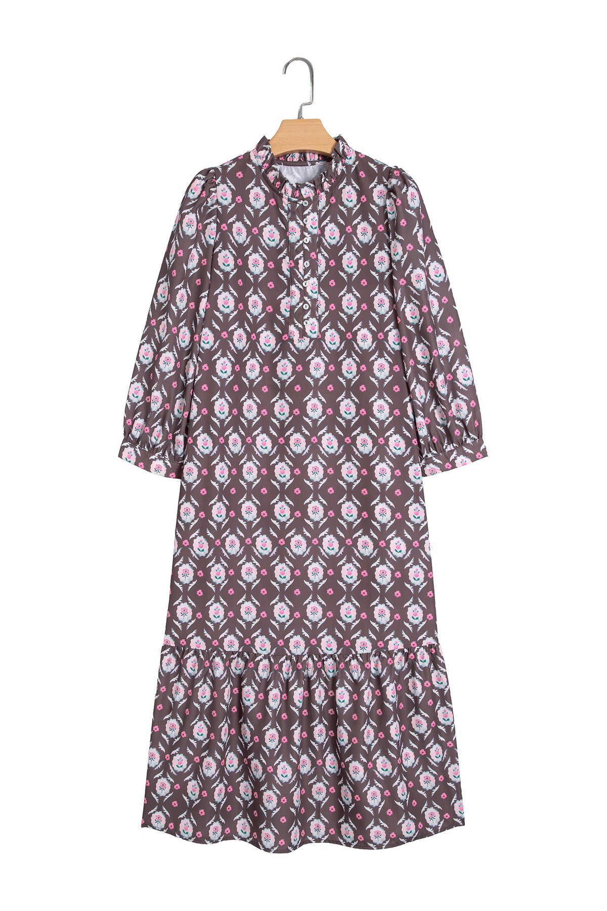 Brown Floral Print Button Front Ruffle Hem Midi Dress-TOPS / DRESSES-[Adult]-[Female]-2022 Online Blue Zone Planet
