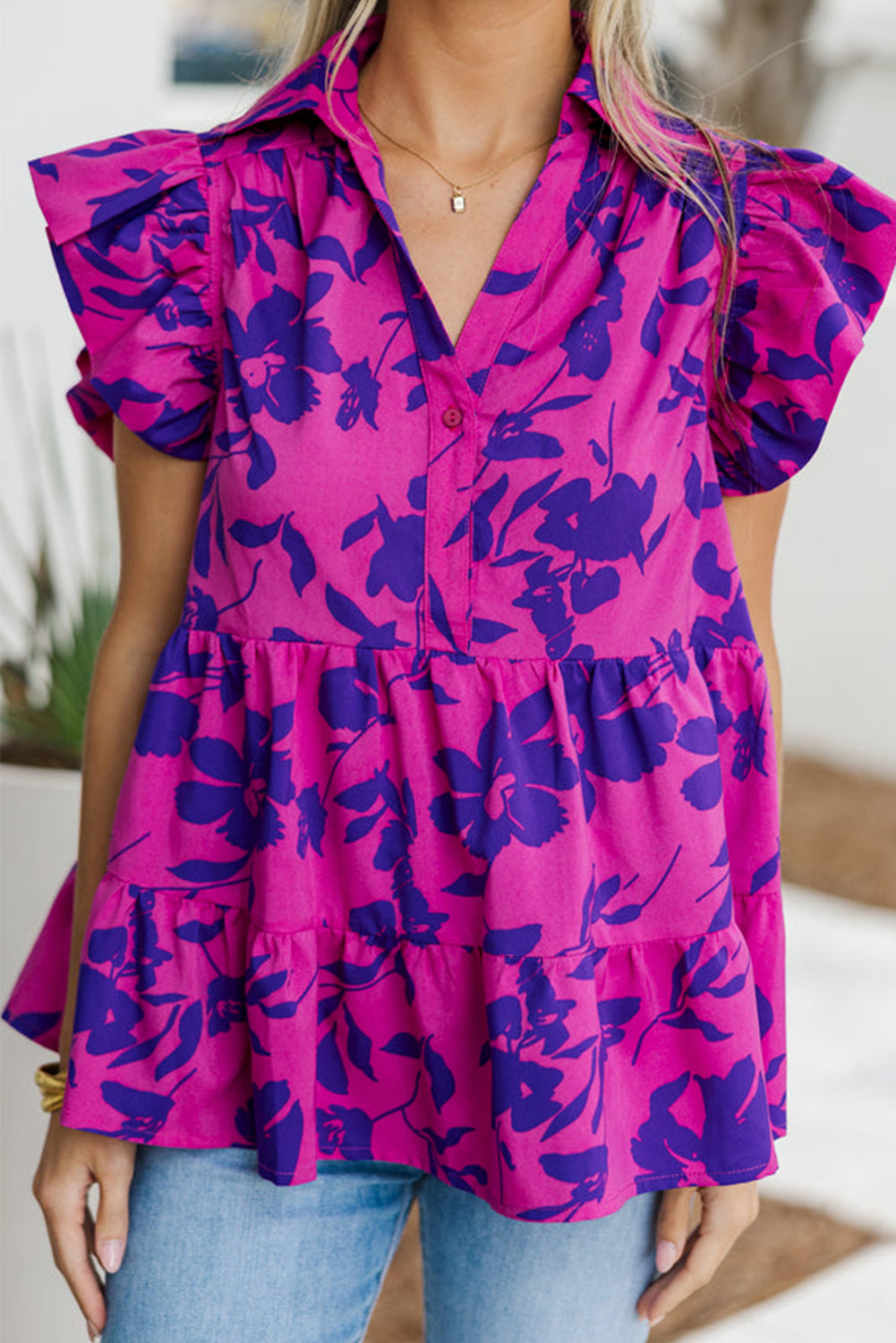 Rose Floral Print Collared Button Neckline Flutter Sleeve Blouse-Tops/Blouses & Shirts-[Adult]-[Female]-2022 Online Blue Zone Planet