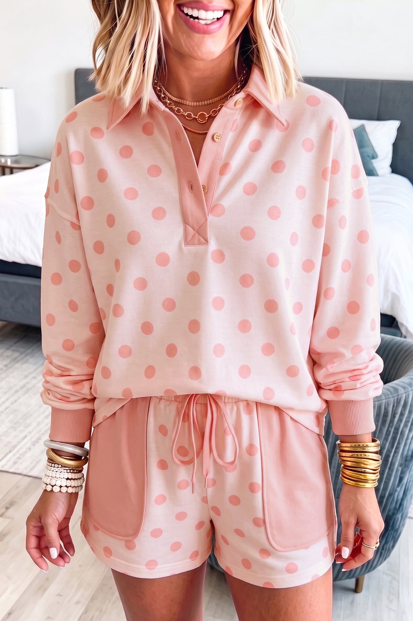 Pink Polka Dot Drop Shoulder Polo Loose Pullover Patch Pocket Casual Shorts Set-Two Piece Sets/Short Sets-[Adult]-[Female]-2022 Online Blue Zone Planet