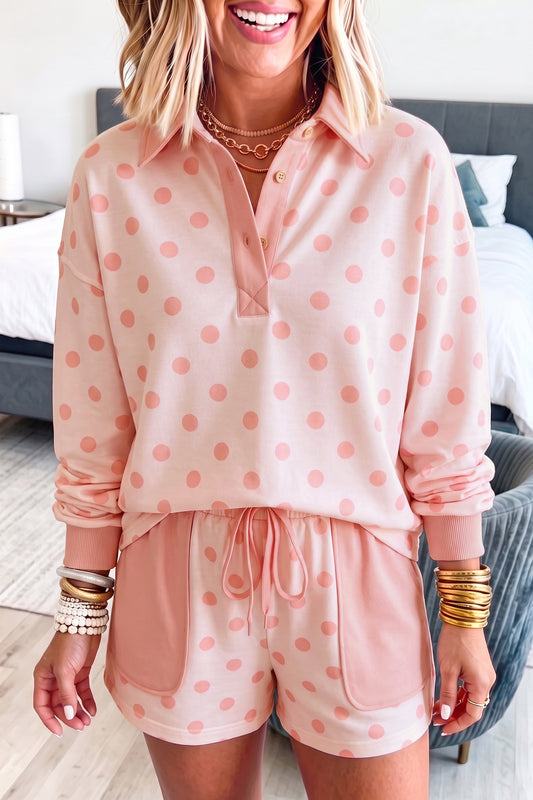 Pink Polka Dot Drop Shoulder Polo Loose Pullover Patch Pocket Casual Shorts Set-Two Piece Sets/Short Sets-[Adult]-[Female]-2022 Online Blue Zone Planet
