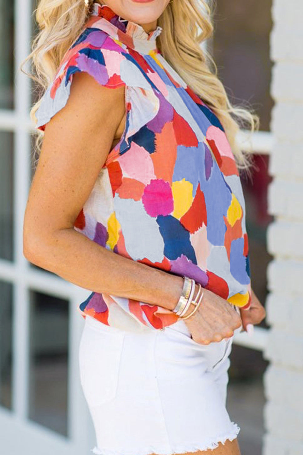Red Ruffle Cap Sleeve Frill Mock Neck Printed Top-Tops/Tops & Tees-[Adult]-[Female]-2022 Online Blue Zone Planet