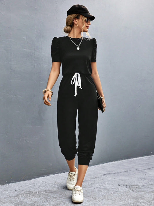 Round Neck Short Sleeve Jumpsuit-TOPS / DRESSES-[Adult]-[Female]-Black-S-2022 Online Blue Zone Planet