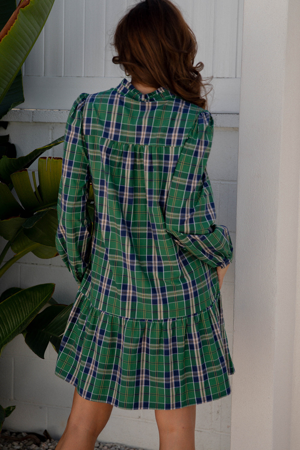 Green Plaid Print Frilly Collar Long Sleeve Shift Mini Dress-TOPS / DRESSES-[Adult]-[Female]-2022 Online Blue Zone Planet