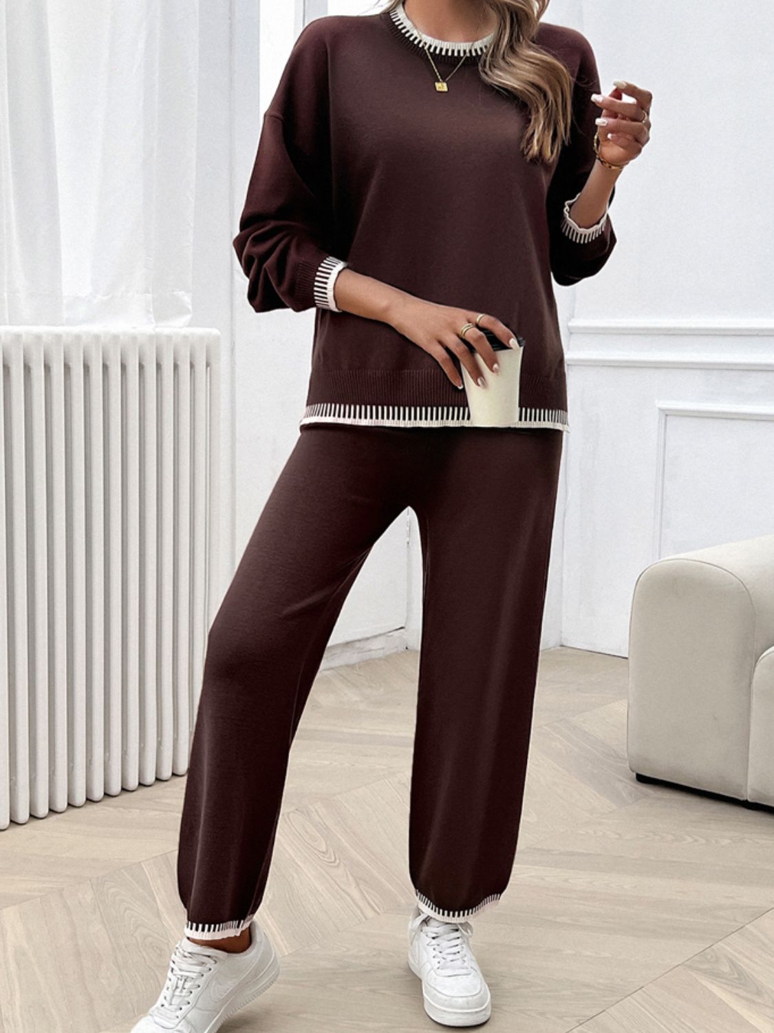 Blue Zone Planet | Round Neck Dropped Shoulder Top and Pants Sweater Set-TOPS / DRESSES-[Adult]-[Female]-2022 Online Blue Zone Planet