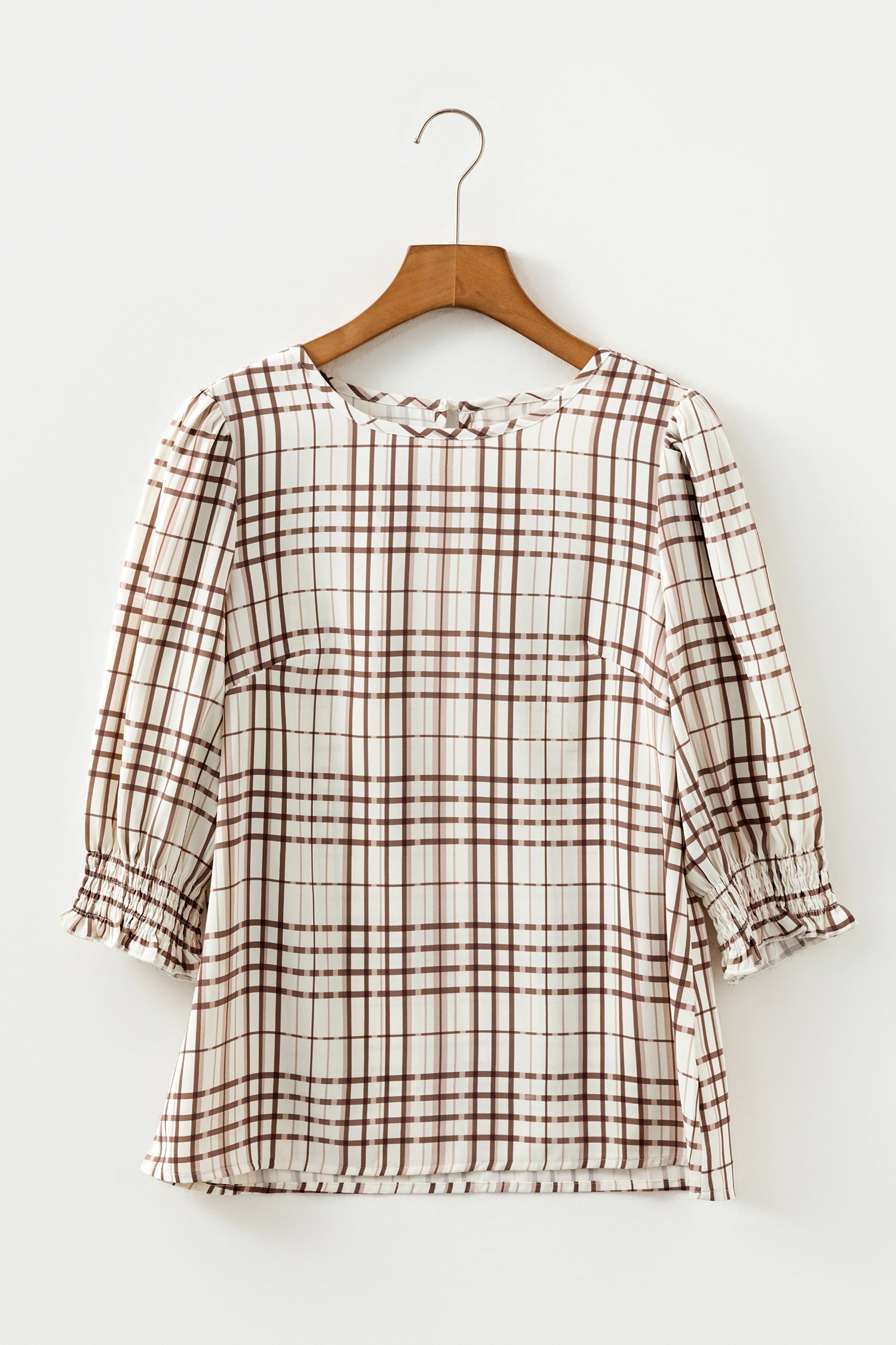 White Plaid Print Frilled Puffy Half Sleeve Blouse-Tops/Blouses & Shirts-[Adult]-[Female]-2022 Online Blue Zone Planet