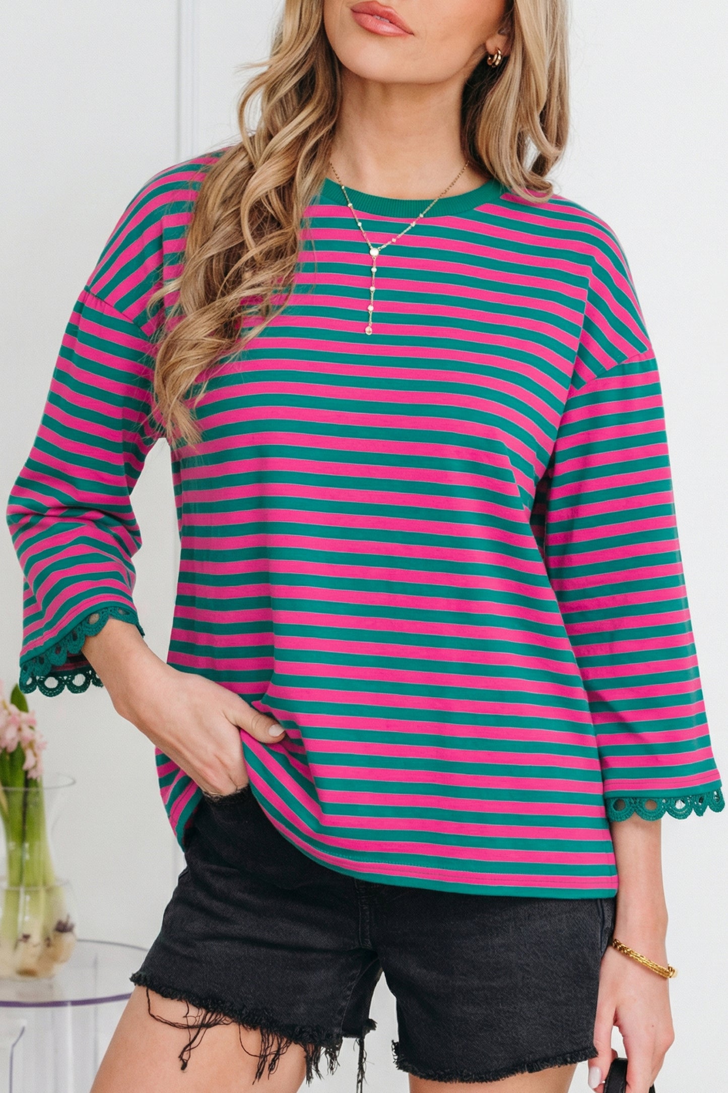 Sachet Pink Striped Print Drop Shoulder Lace Trim Bracelet Sleeve Loose Top