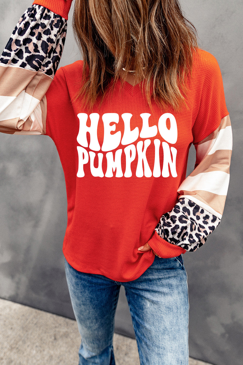 Red Hello Pumpkin Graphic Leopard Striped Colorblock Sleeve V Neck Top-Graphic/Graphic Long Sleeve Tees-[Adult]-[Female]-Red-S-2022 Online Blue Zone Planet