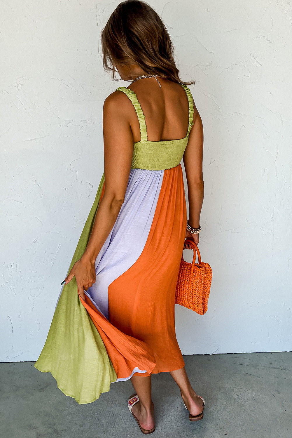 Green Color Block Shirred High Waist Fit and Flare Maxi Dress-Dresses/Maxi Dresses-[Adult]-[Female]-2022 Online Blue Zone Planet