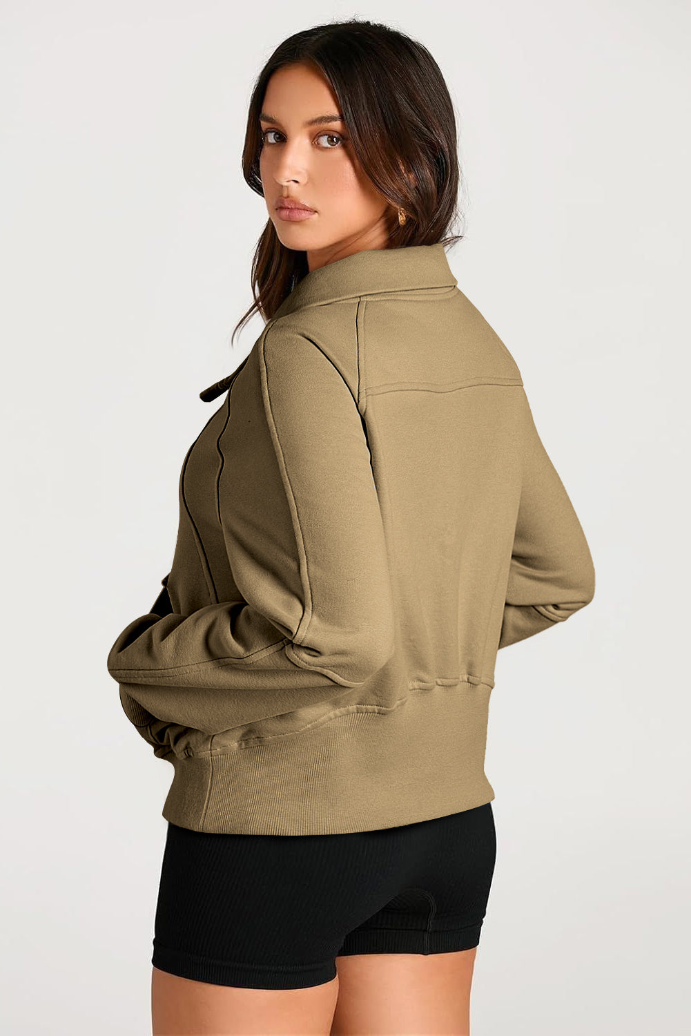 Brown Quarter Zip Stand Neck Kangaroo Pocket Sweatshirt-Tops/Sweatshirts & Hoodies-[Adult]-[Female]-2022 Online Blue Zone Planet