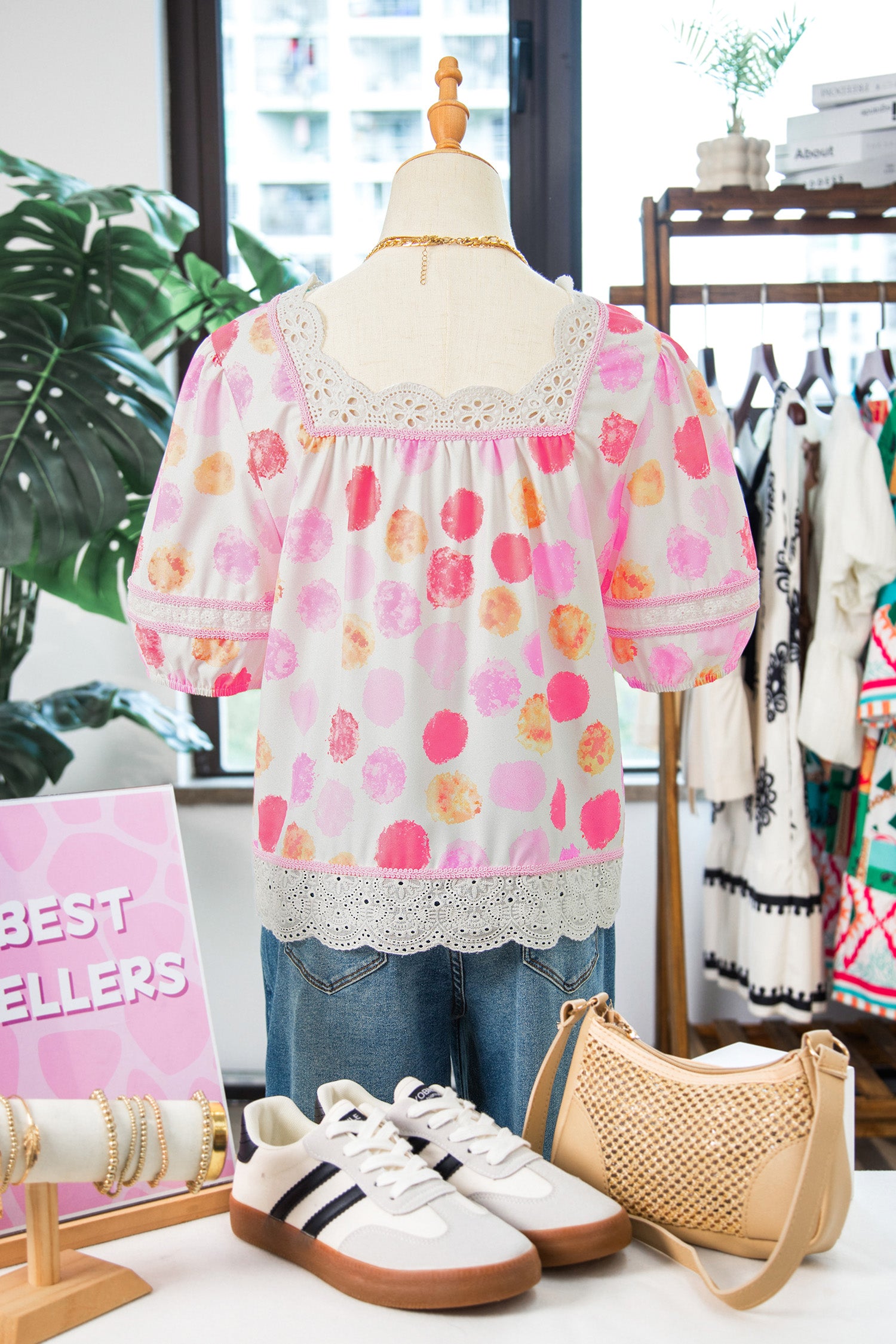 Pink Polka Dot Lace Trim Square Neck Puff Sleeve Blouse-Tops/Blouses & Shirts-[Adult]-[Female]-2022 Online Blue Zone Planet