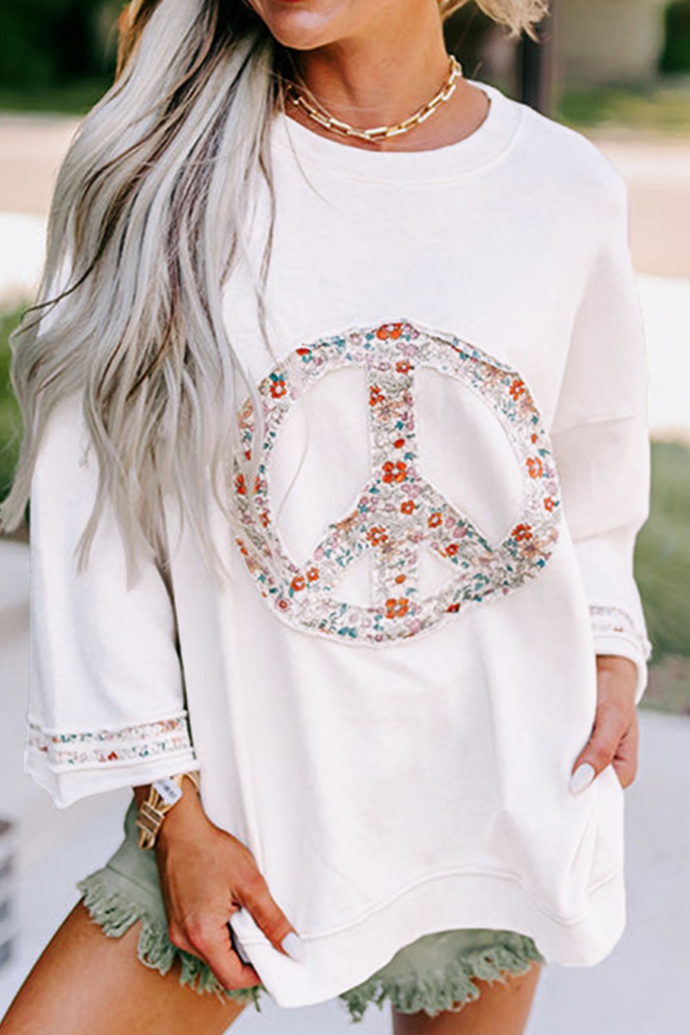 Peace Patch Round Neck Long Sleeve Top-TOPS / DRESSES-[Adult]-[Female]-2022 Online Blue Zone Planet