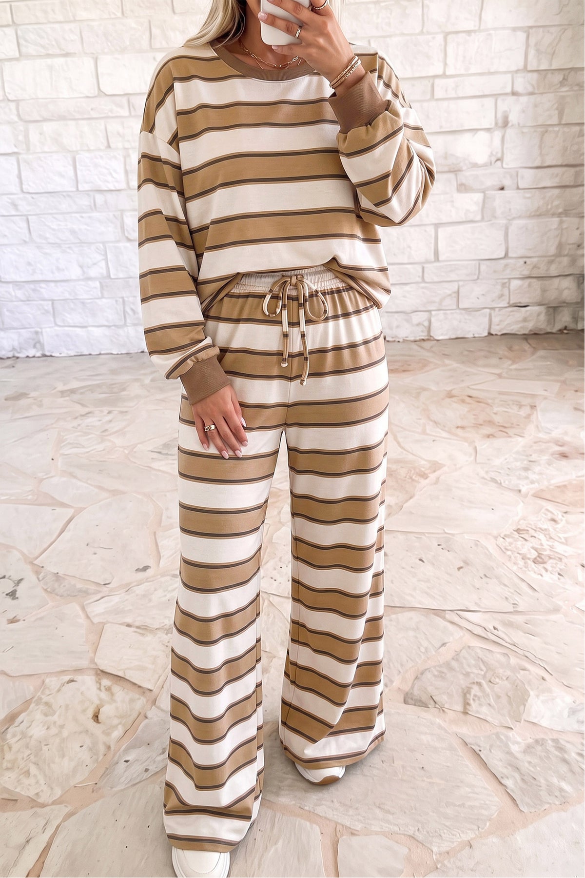 Khaki Stripe Contrast Trim Patchwork Casual Two-Piece Pants Set-Two Piece Sets/Pant Sets-[Adult]-[Female]-2022 Online Blue Zone Planet