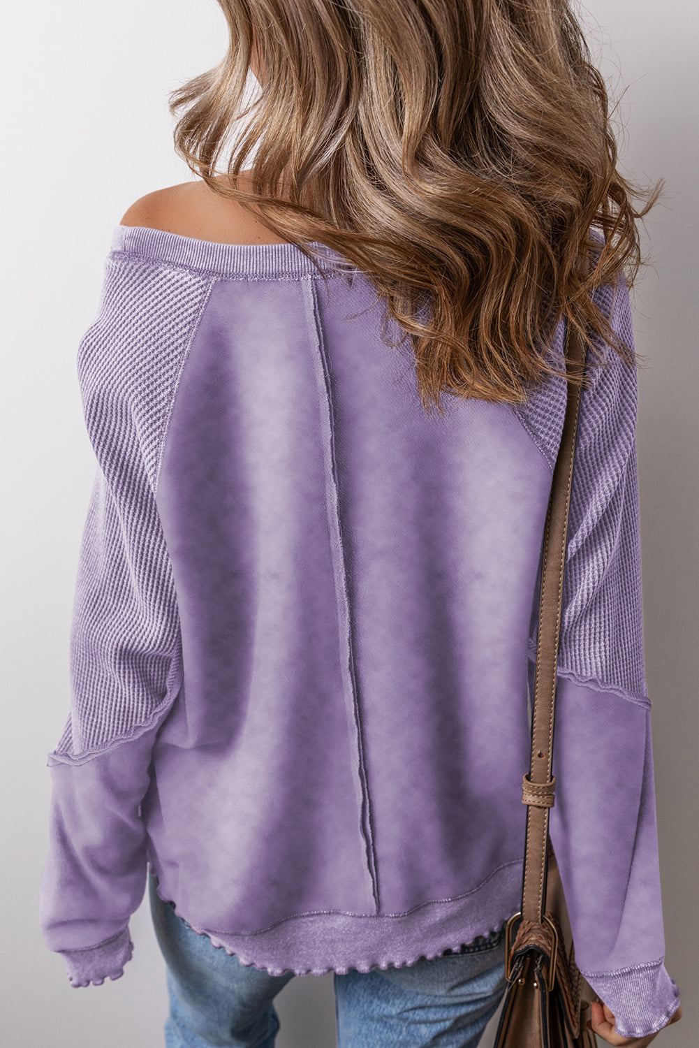 Orchid Petal Solid Waffle Knit Patchwork Raglan Sleeve Sweatshirt-Tops/Sweatshirts & Hoodies-[Adult]-[Female]-2022 Online Blue Zone Planet