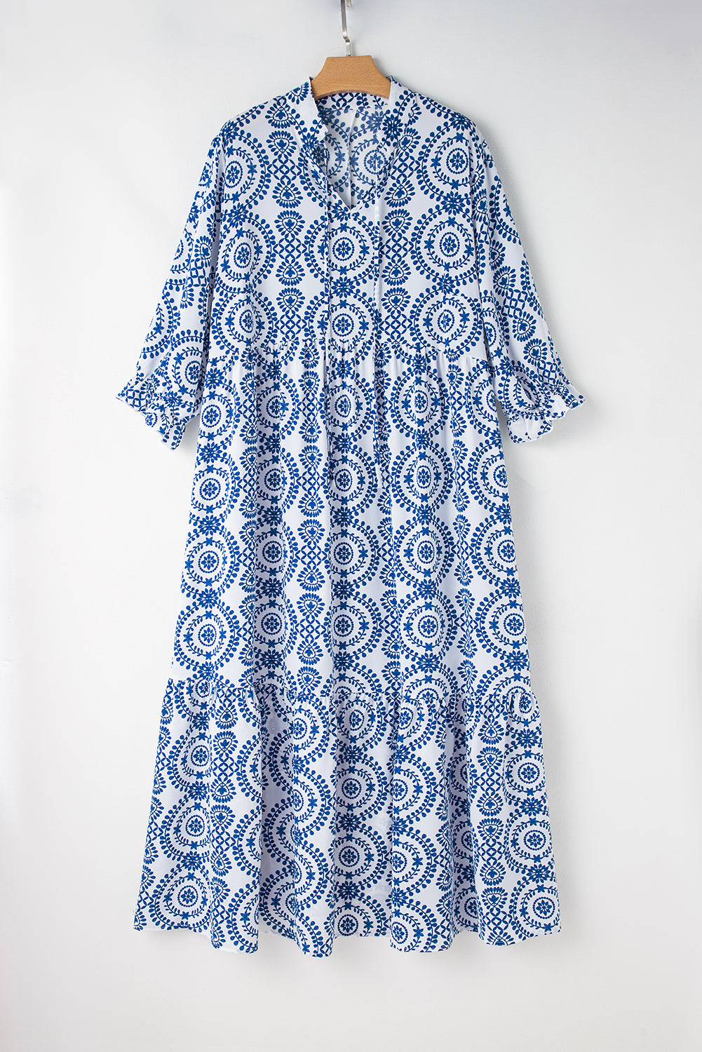 Sky Blue Geometric Print Lace-up Notch Neck Plus Size Maxi Dress-Plus Size/Plus Size Dresses/Plus Size Maxi Dresses-[Adult]-[Female]-2022 Online Blue Zone Planet