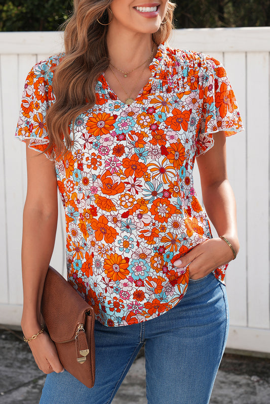 Orange Floral Print V Neck Pleated Ruffle Short Sleeve Blouse-Tops/Blouses & Shirts-[Adult]-[Female]-Orange-S-2022 Online Blue Zone Planet