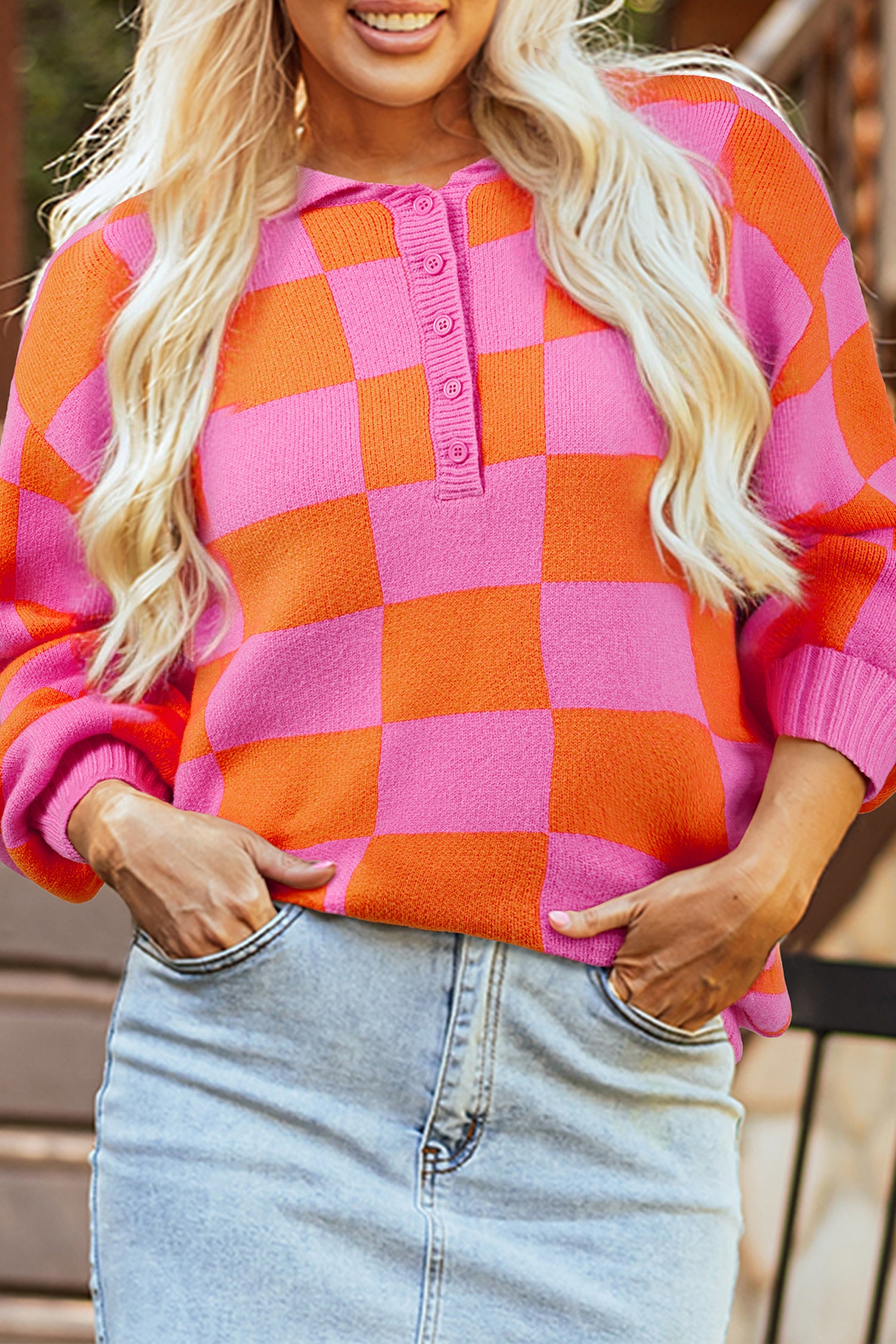 Sachet Pink Checkered Knit Polo Collar Baggy Sweater-TOPS / DRESSES-[Adult]-[Female]-2022 Online Blue Zone Planet