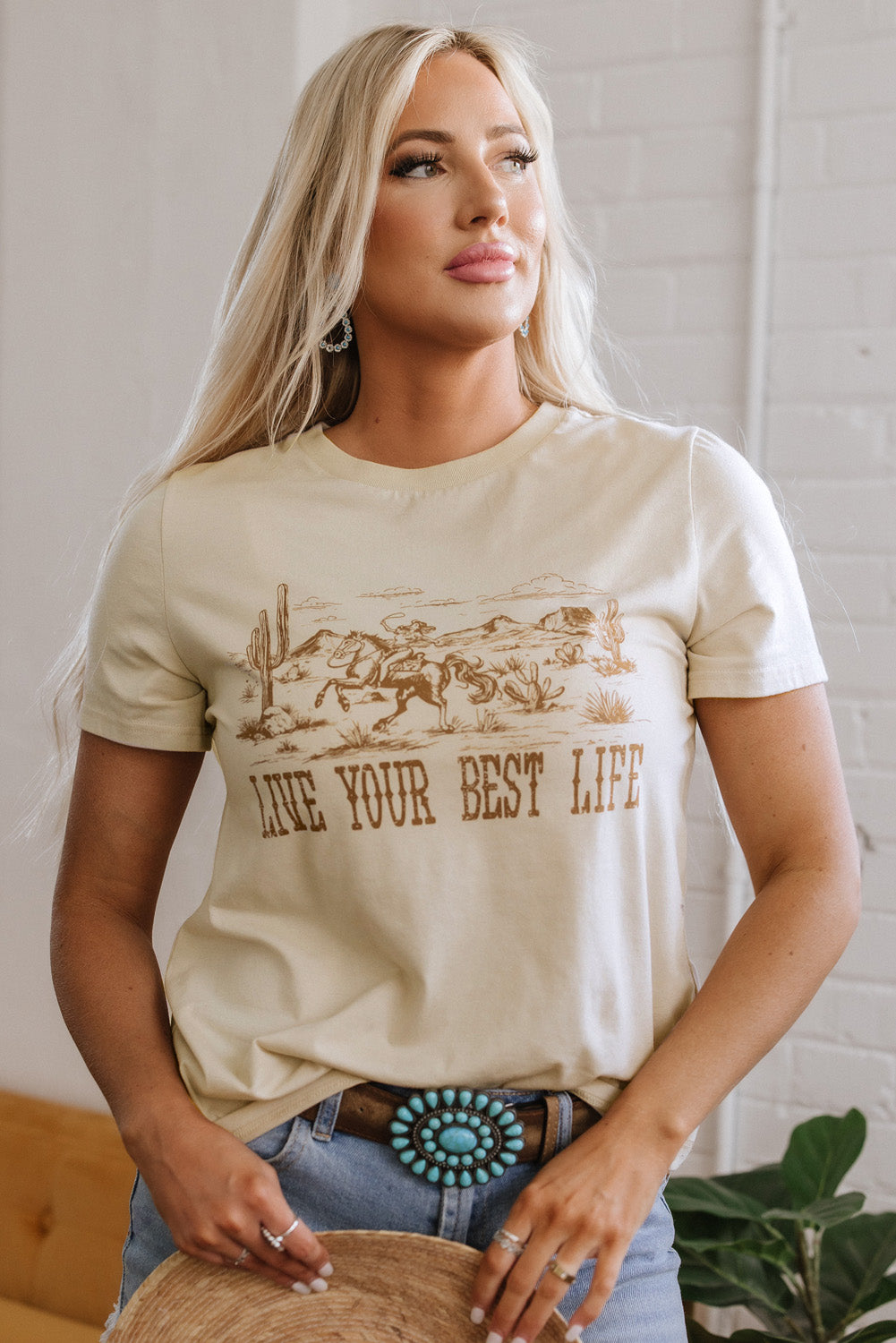 Beige Live Your Best Life Crew Neck Western Graphic Tee-Graphic/Graphic Tees-[Adult]-[Female]-2022 Online Blue Zone Planet