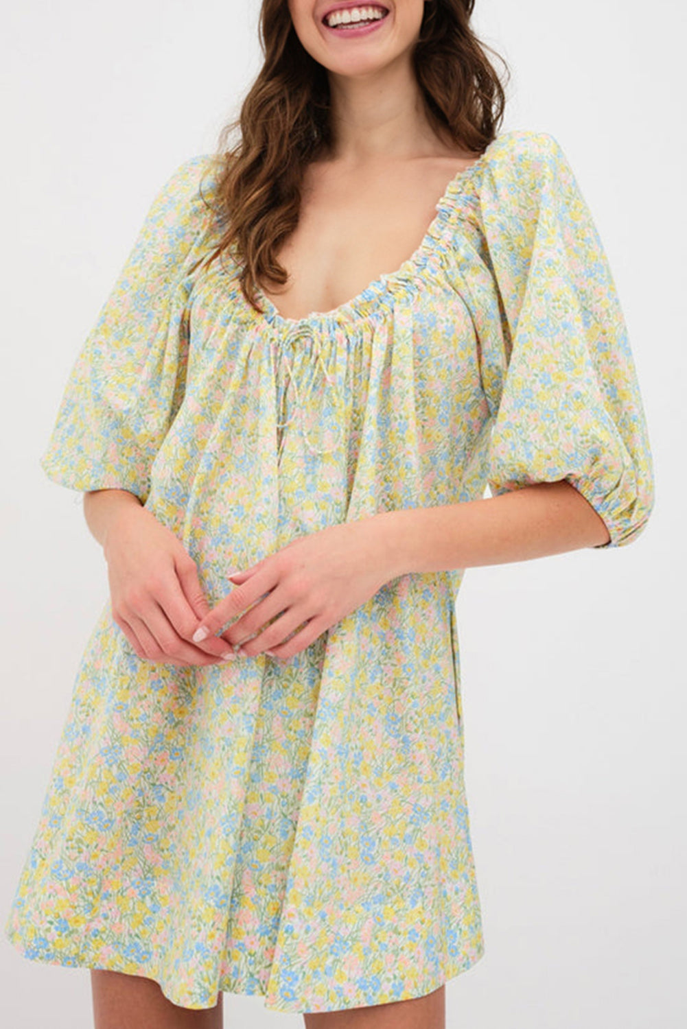 Green Floral Half Sleeve Frilled U Neck A-line Short Dress-TOPS / DRESSES-[Adult]-[Female]-Green-S-2022 Online Blue Zone Planet