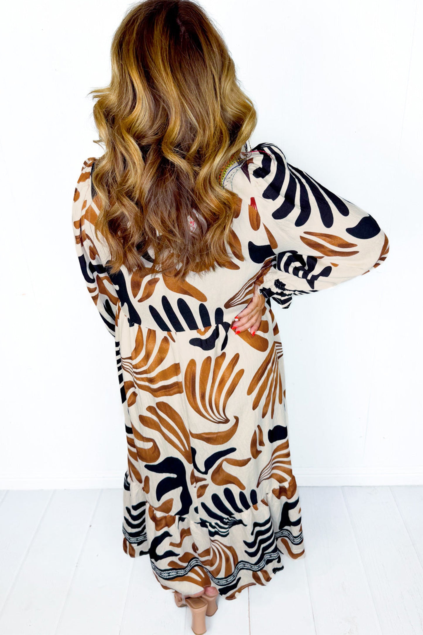 White Plus Size Abstract Print Contrast Collar Split Neck Shift Long Dress-TOPS / DRESSES-[Adult]-[Female]-2022 Online Blue Zone Planet