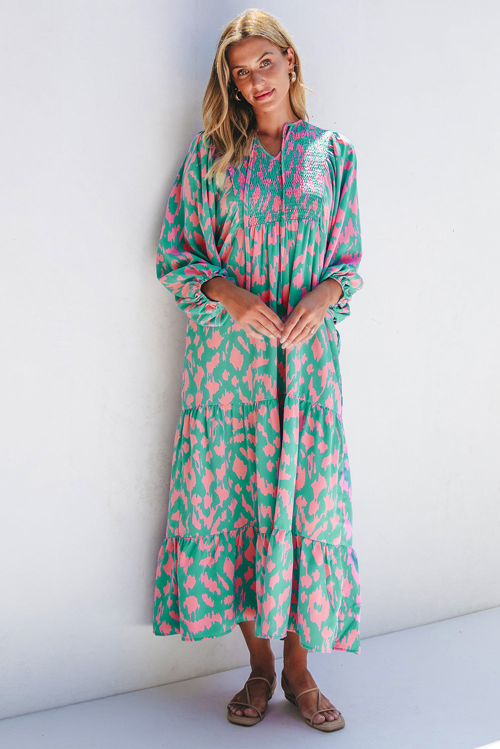 Blue Zone Planet | Green Abstract Print Puff Sleeve Tied Notched Neck Long Dress-TOPS / DRESSES-[Adult]-[Female]-2022 Online Blue Zone Planet