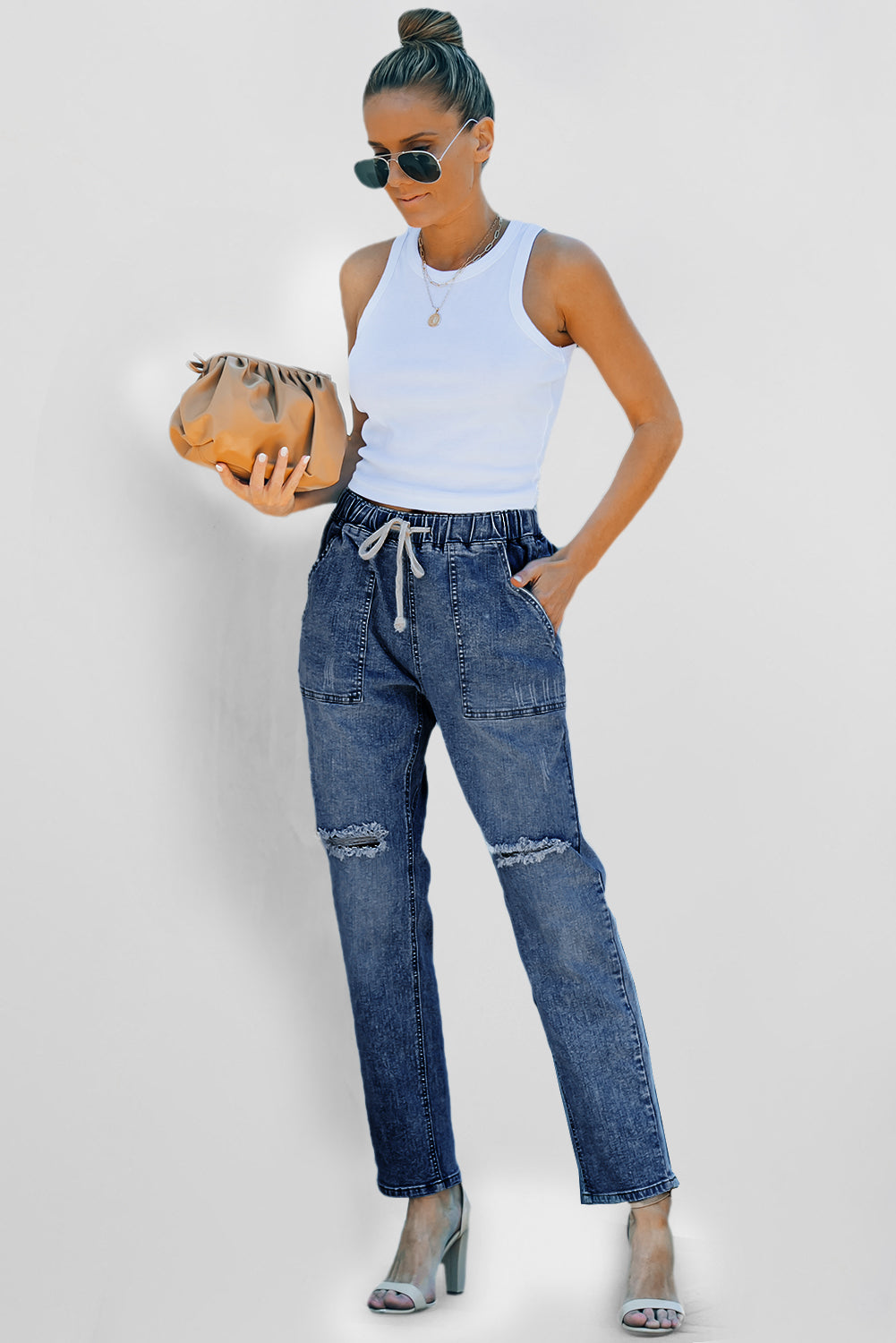 Dark Blue Gather Round Distressed Pocketed Denim Jogger-Bottoms/Jeans-[Adult]-[Female]-2022 Online Blue Zone Planet