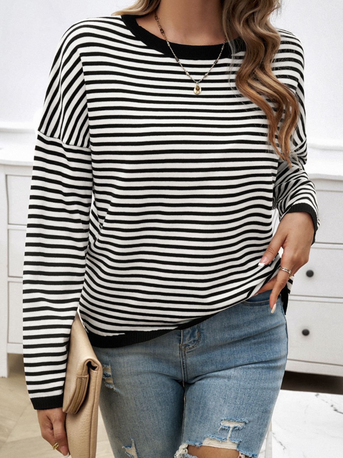 Striped Round Neck Dropped Shoulder Sweater-TOPS / DRESSES-[Adult]-[Female]-2022 Online Blue Zone Planet