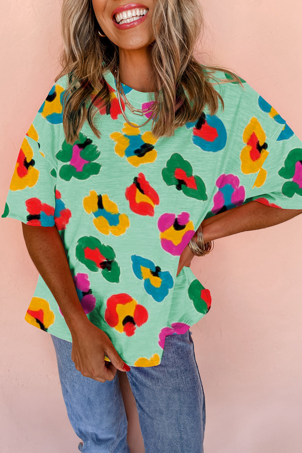 Green Leopard Drop Shoulder Oversize Tee-Tops/Tops & Tees-[Adult]-[Female]-Green-S-2022 Online Blue Zone Planet