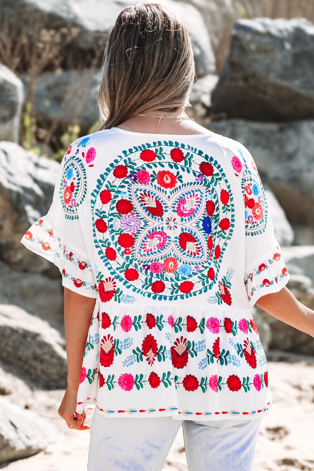 White Boho Floral Print Round Neck Ruffle Trim Blouse-Tops/Blouses & Shirts-[Adult]-[Female]-2022 Online Blue Zone Planet