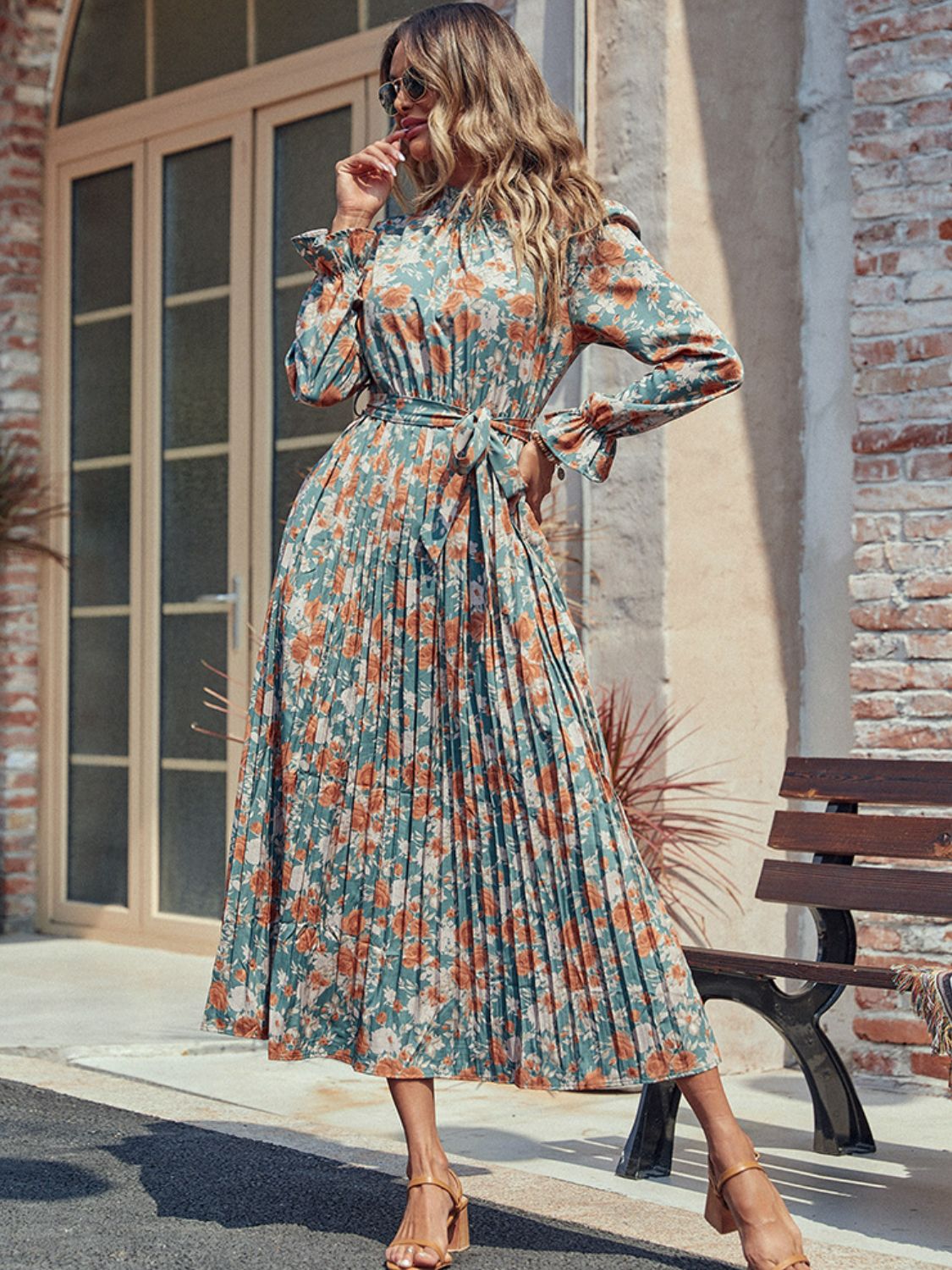 Perfee Tied Pleated Printed Mock Neck Long Sleeve Dress-TOPS / DRESSES-[Adult]-[Female]-Multicolor-S-2022 Online Blue Zone Planet