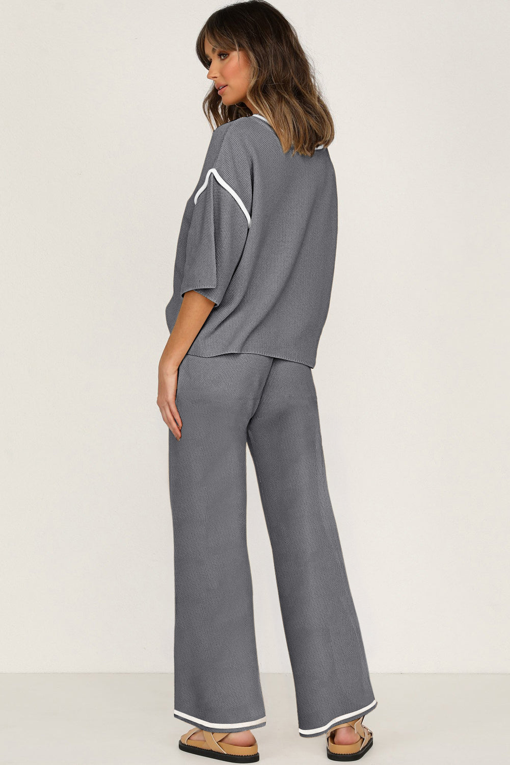 Medium Grey Contrast Trim Half Sleeve Top Drawstring Pants Loose 2pcs Sweater Suit-Two Piece Sets/Pant Sets-[Adult]-[Female]-2022 Online Blue Zone Planet