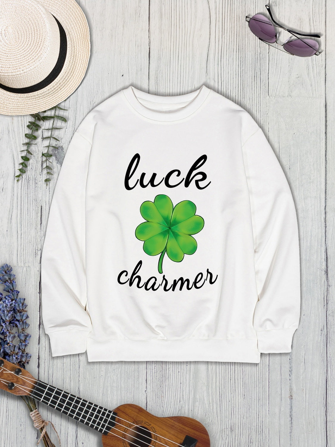 LUCK CHARMER Round Neck Sweatshirt-TOPS / DRESSES-[Adult]-[Female]-2022 Online Blue Zone Planet