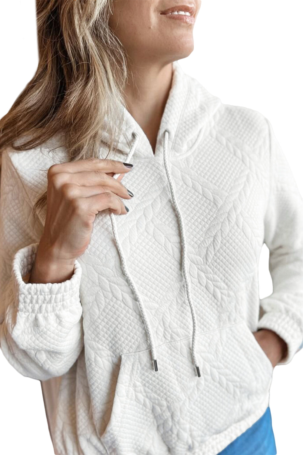 White Cable Lattice Texture Kangaroo Pocket Hoodie-Tops / Dresses-[Adult]-[Female]-2022 Online Blue Zone Planet