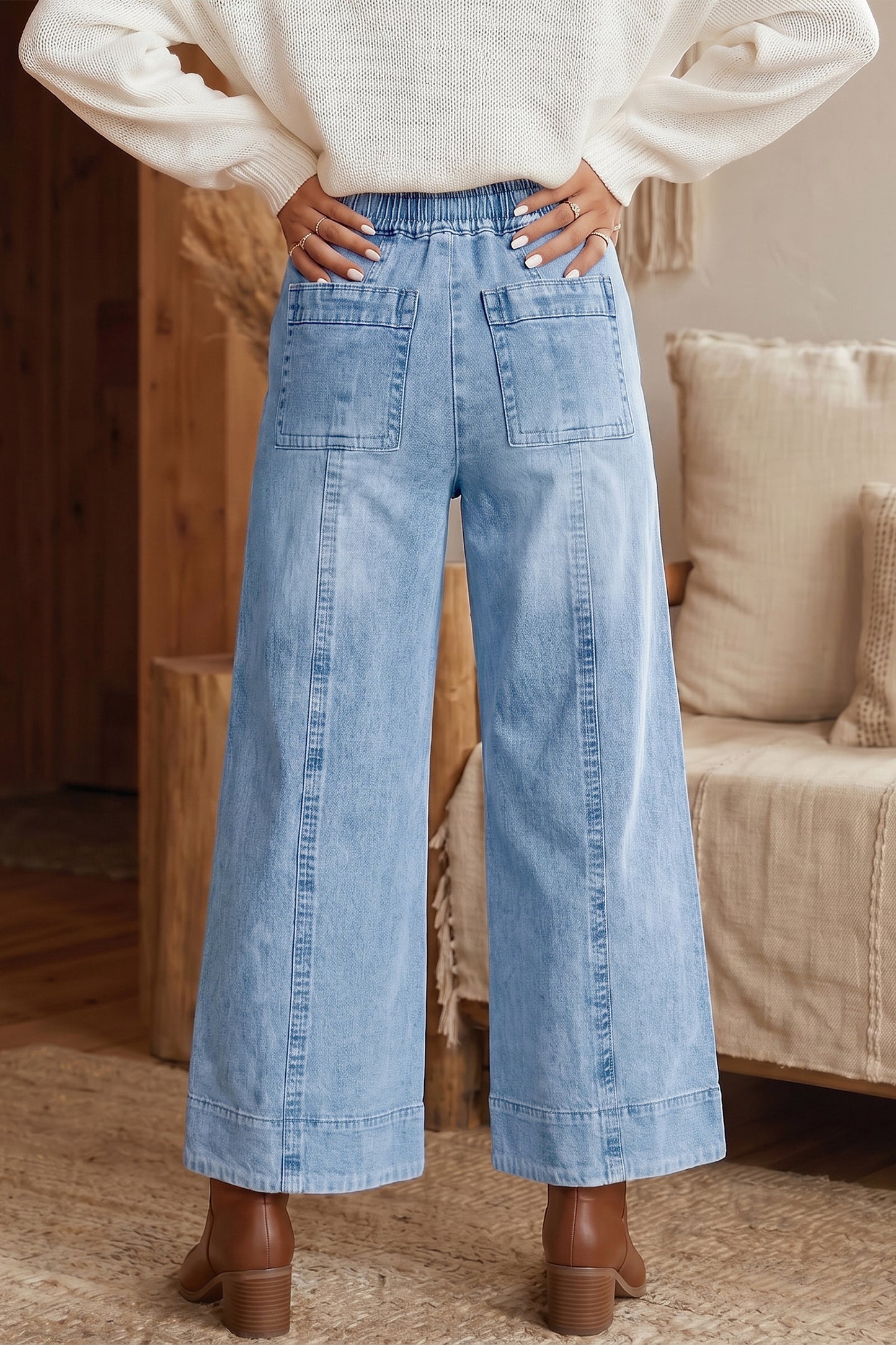 Beau Blue Drawstring Waist Wide Leg Ankle Length Jeans-Bottoms/Jeans-[Adult]-[Female]-2022 Online Blue Zone Planet