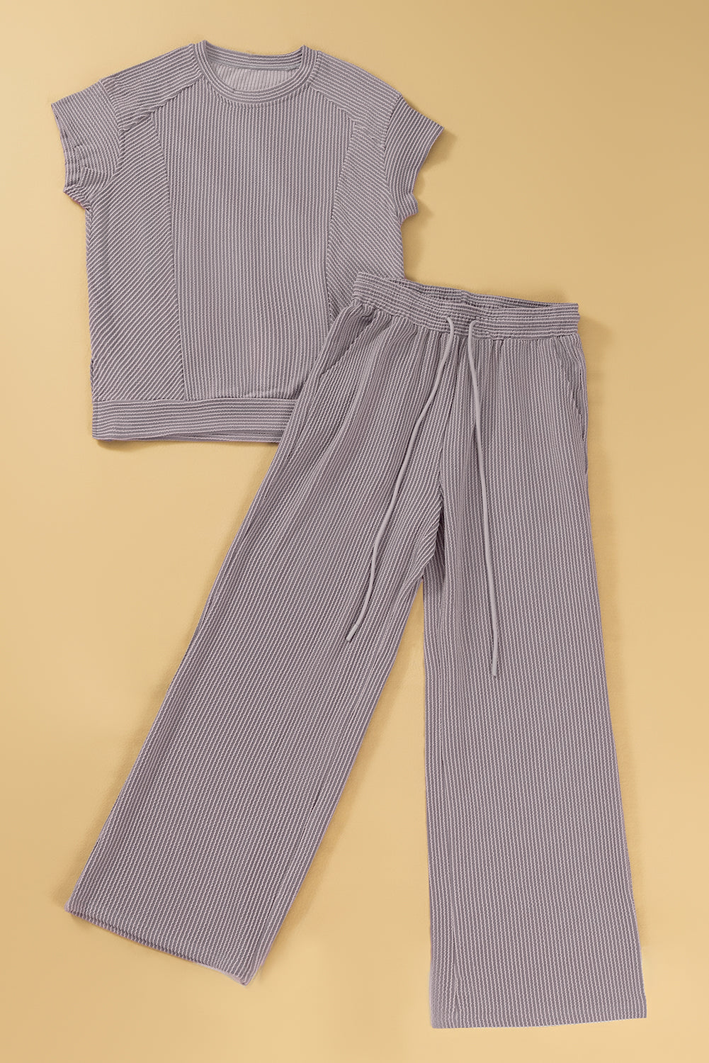Blue Zone Planet | Wild Wind Solid Corded Knit Short Sleeve T Shirt And Wide Leg Pants Set-Two Piece Sets/Pant Sets-[Adult]-[Female]-2022 Online Blue Zone Planet