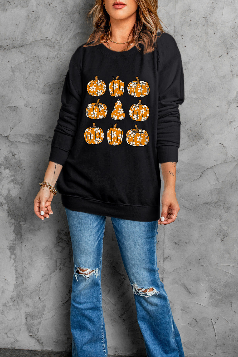 Pumpkin Round Neck Long Sleeve Sweatshirt-TOPS / DRESSES-[Adult]-[Female]-2022 Online Blue Zone Planet