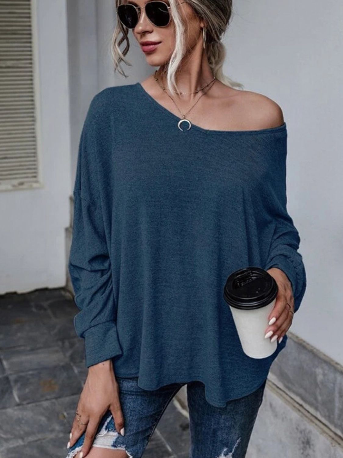 Full Size Double Tie Drop Shoulder Long Sleeve T-Shirt-TOPS / DRESSES-[Adult]-[Female]-French Blue-S-2022 Online Blue Zone Planet