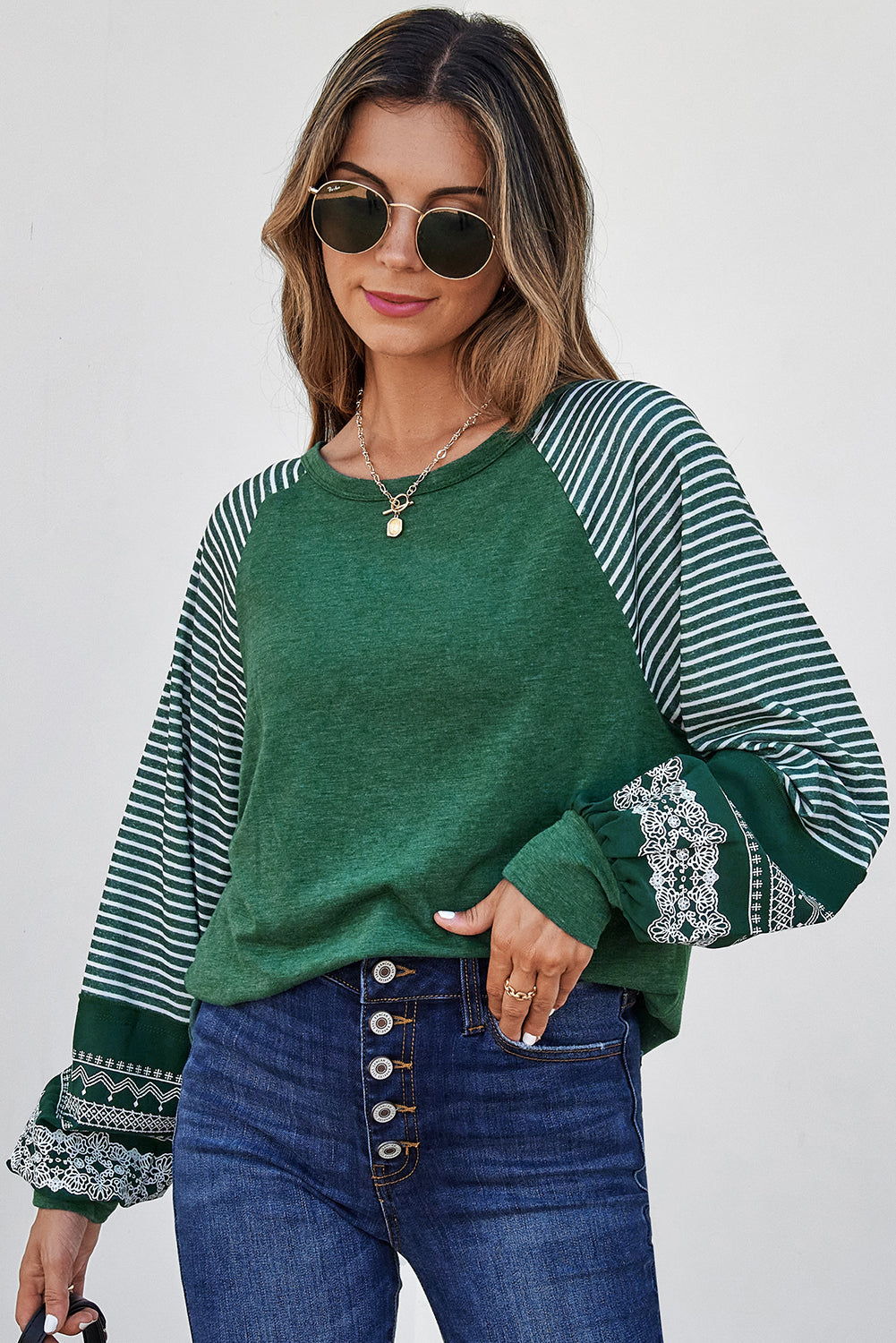 Navy Blue Contrast Print Striped Raglan Long Sleeve Loose Top-Tops/Long Sleeve Tops-[Adult]-[Female]-2022 Online Blue Zone Planet