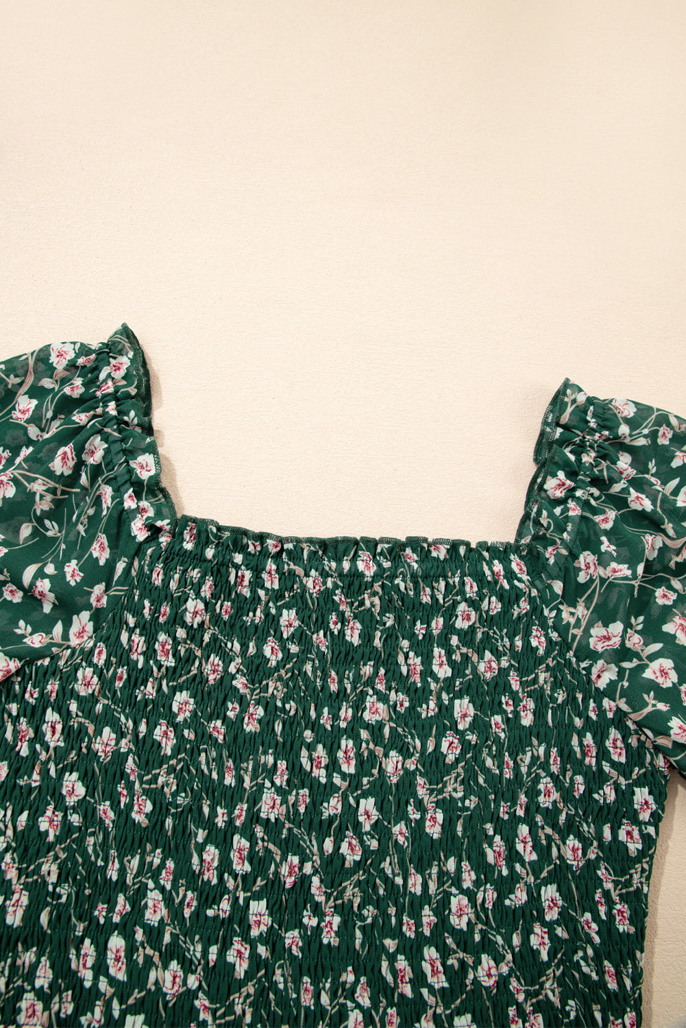 Green Smocked Square Neck Puff Short Sleeve Floral Dress-TOPS / DRESSES-[Adult]-[Female]-2022 Online Blue Zone Planet