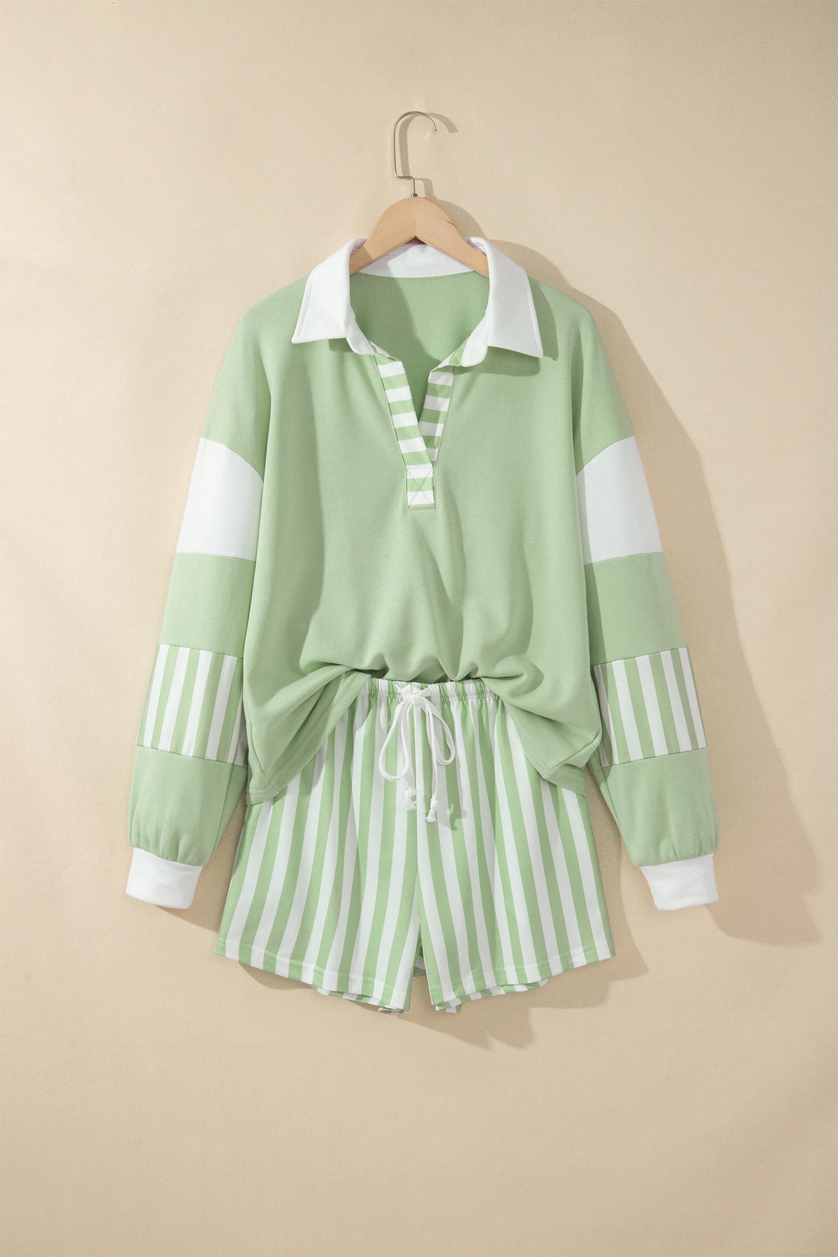 Gossamer Pink Striped Color Block Pullover Top Drawstring Shorts Set-Two Piece Sets/Short Sets-[Adult]-[Female]-2022 Online Blue Zone Planet