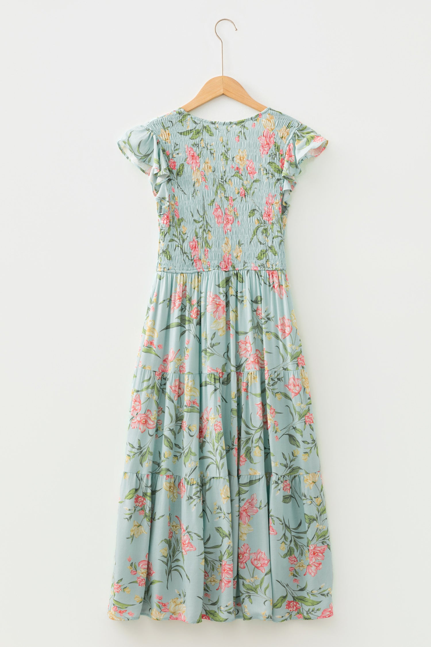 Yellow Smocked Bodice Ruffled Sleeveless Tiered Floral Maxi Dress-TOPS / DRESSES-[Adult]-[Female]-2022 Online Blue Zone Planet