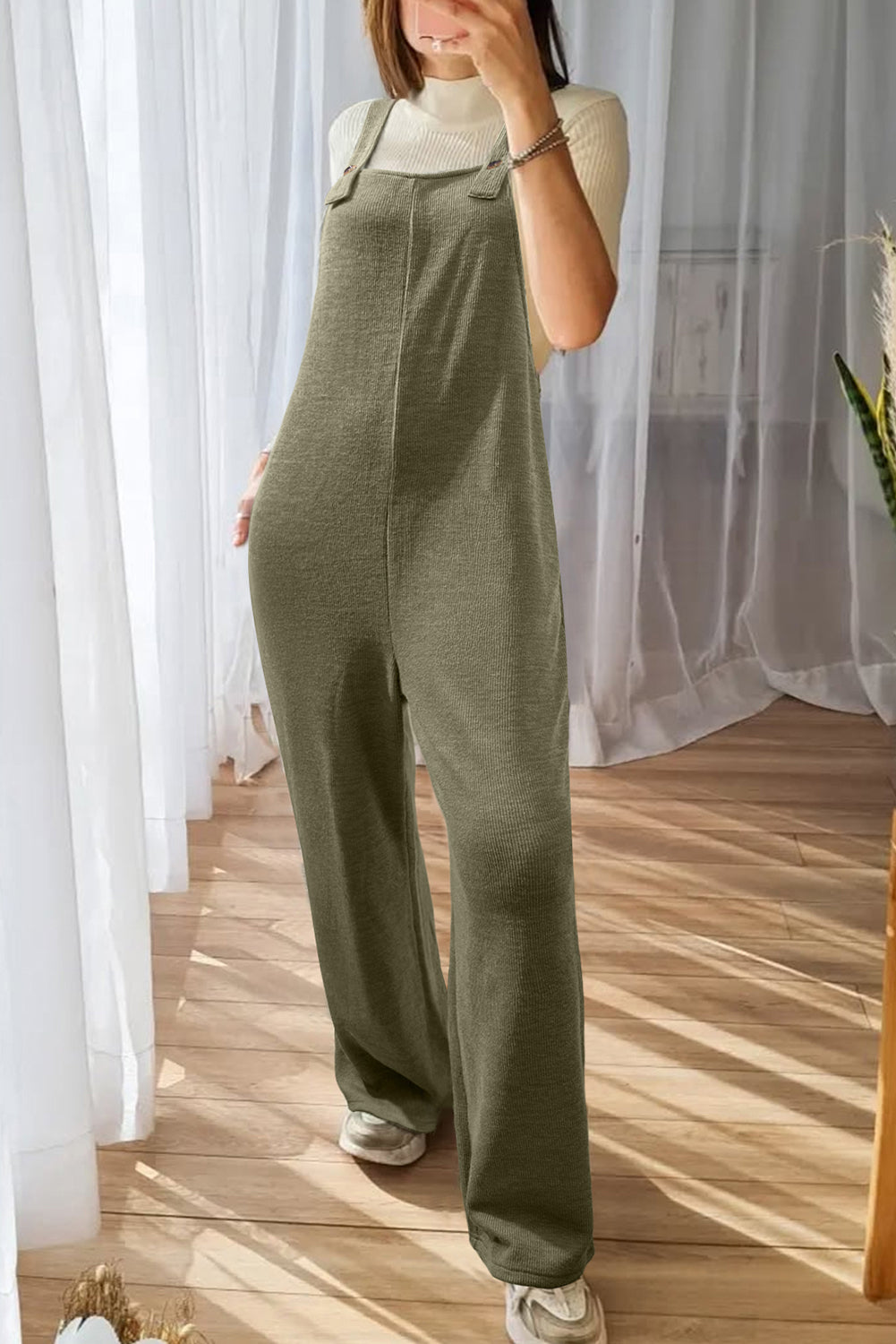 Laurel Green Solid Color Knit Loose Straight Leg Casual Overall Jumpsuit-Bottoms/Jumpsuits & Rompers-[Adult]-[Female]-Laurel Green-S-2022 Online Blue Zone Planet