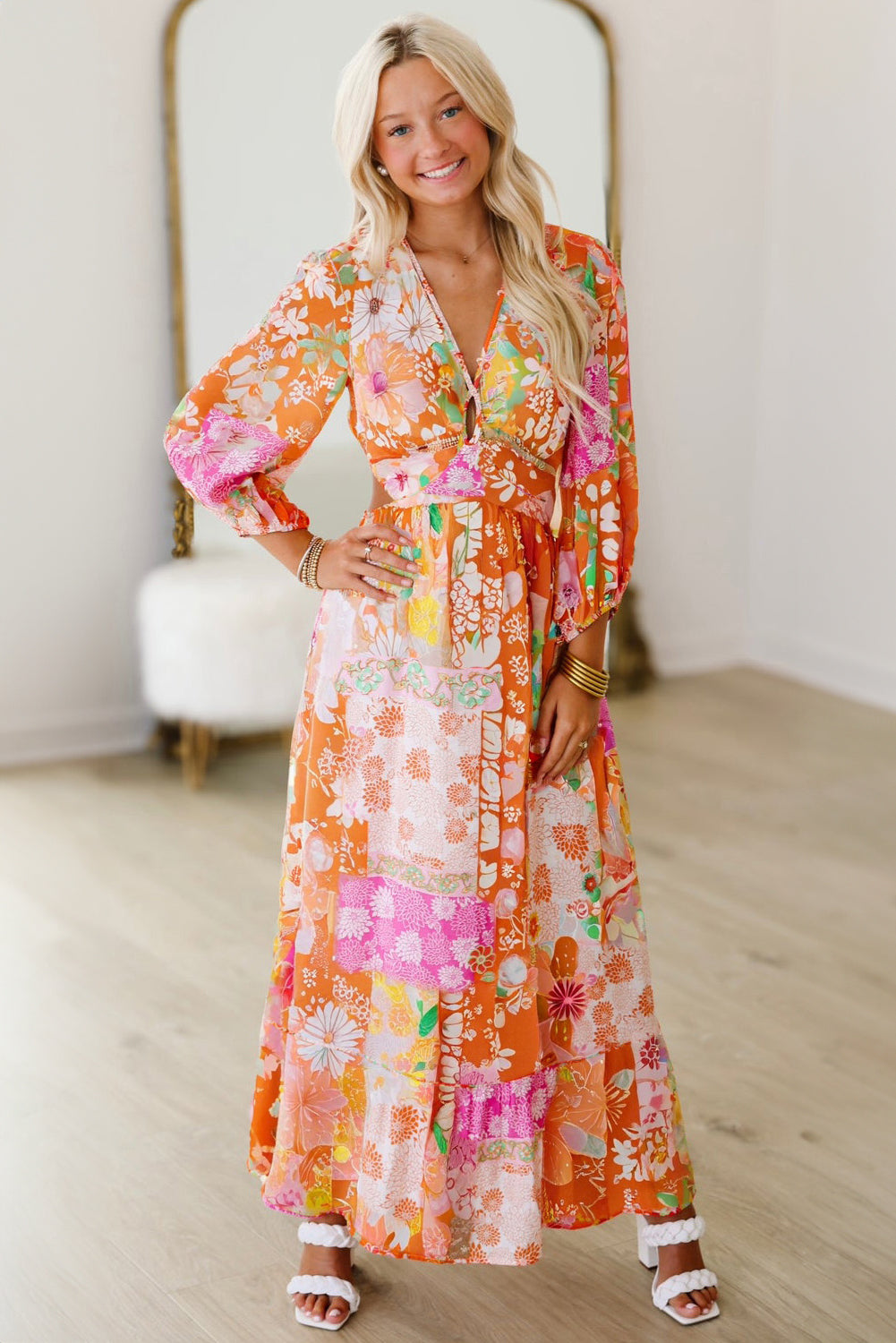 Orange Floral Patchwork Print Cut out Tied Back Bracelet Sleeve Maxi Dress-Bracelet-[Adult]-[Female]-2022 Online Blue Zone Planet