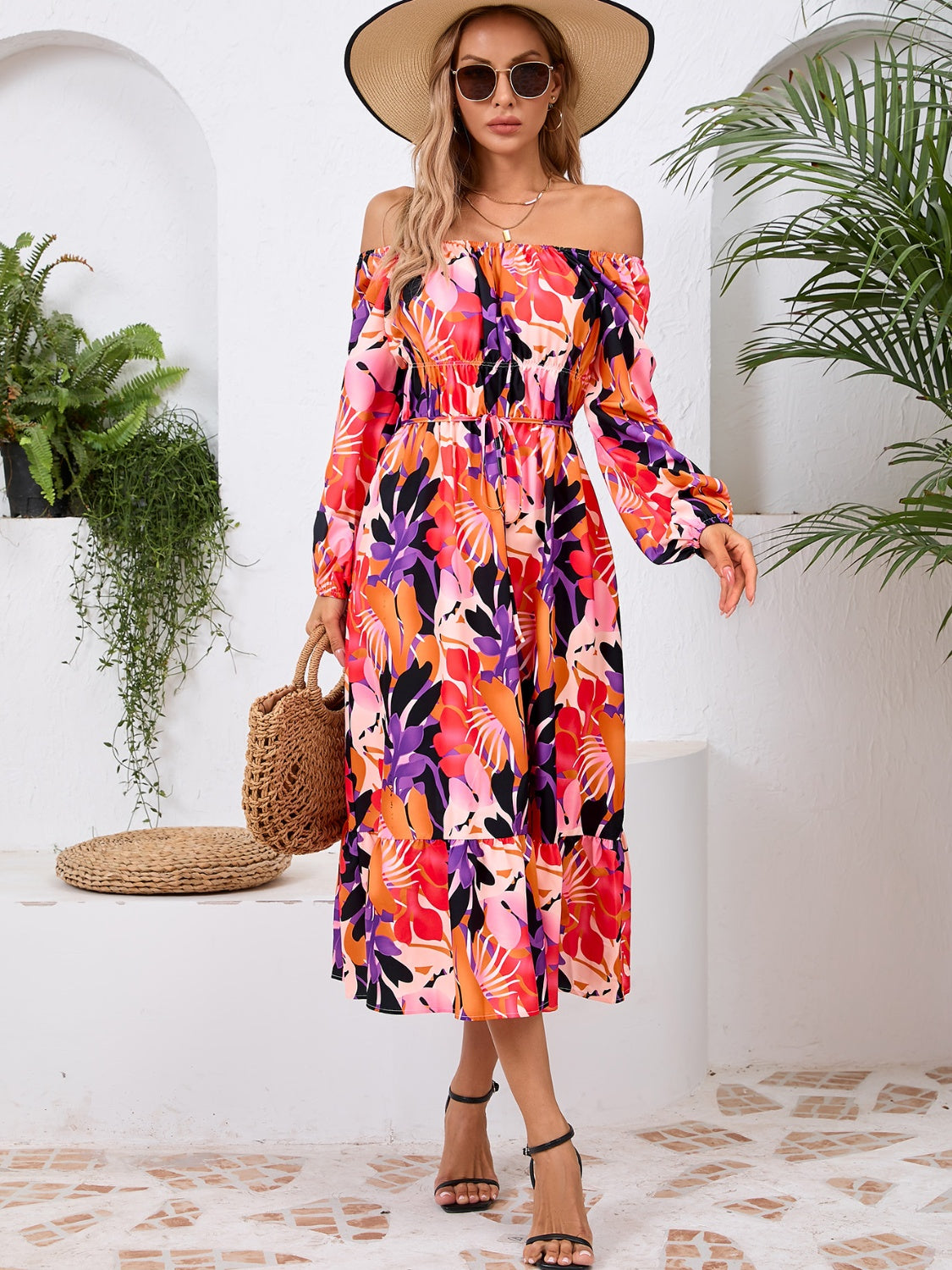 Printed Long Sleeve Midi Dress-TOPS / DRESSES-[Adult]-[Female]-Orange-Red-S-2022 Online Blue Zone Planet