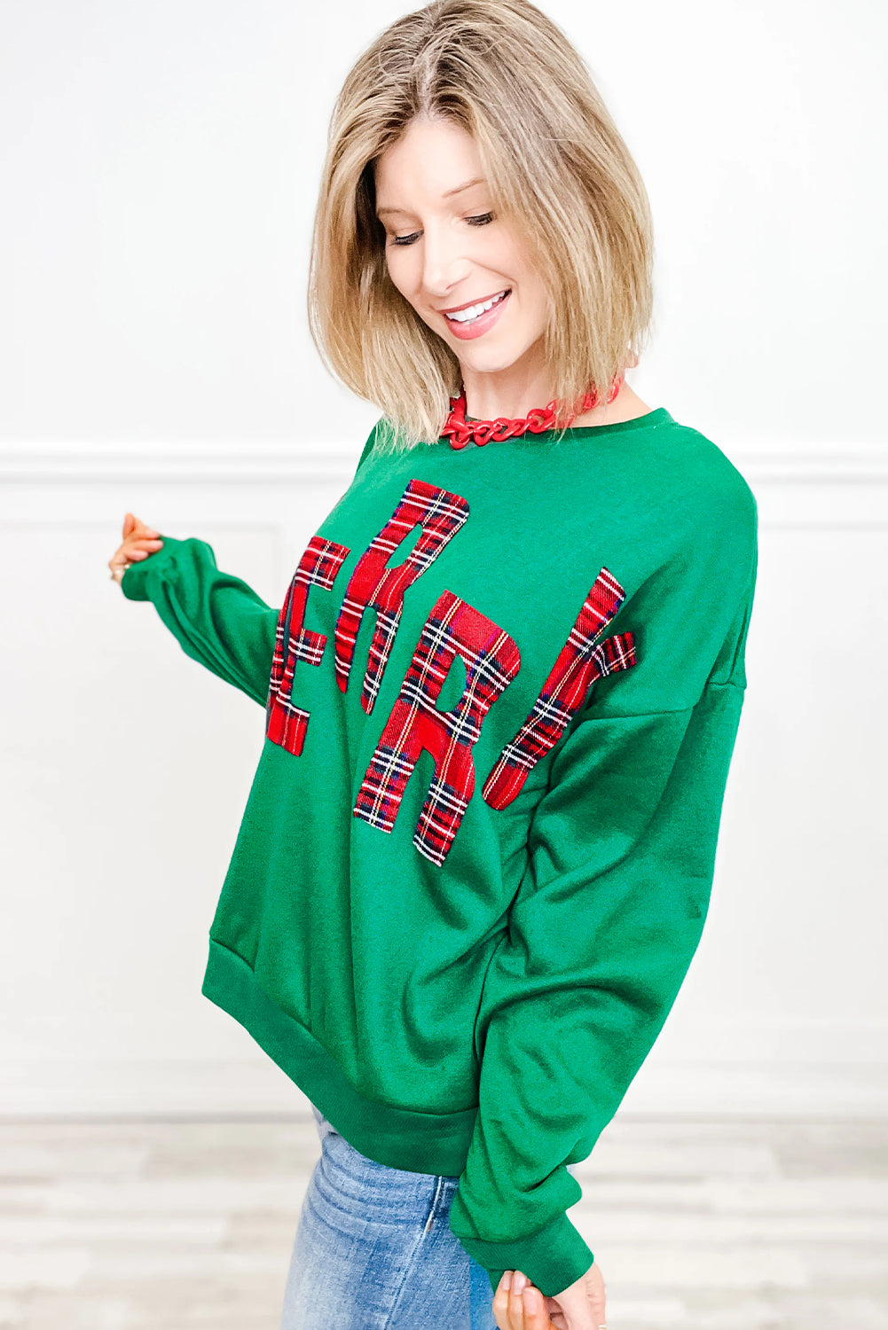 White Plaid MERRY Christmas Holiday Sweatshirt-Sweatshirts & Hoodies-[Adult]-[Female]-2022 Online Blue Zone Planet