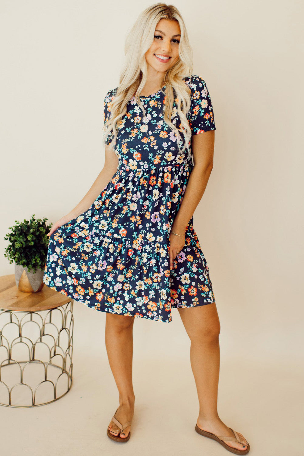 Blue Zone Planet |  Blue Short Sleeve A-line Floral Dress Blue Zone Planet